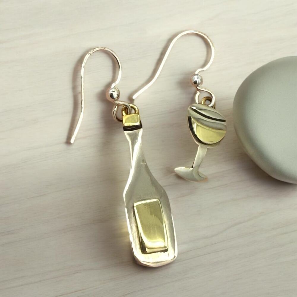 Far Fetched Wine Glass Bottle Dangle Earrings Mismatched Design Artisan Silver - Picture 4 of 5
